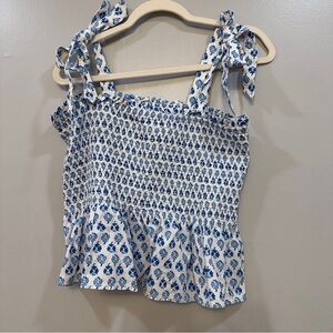 J. Crew White and Blue Patterned Blouse size L